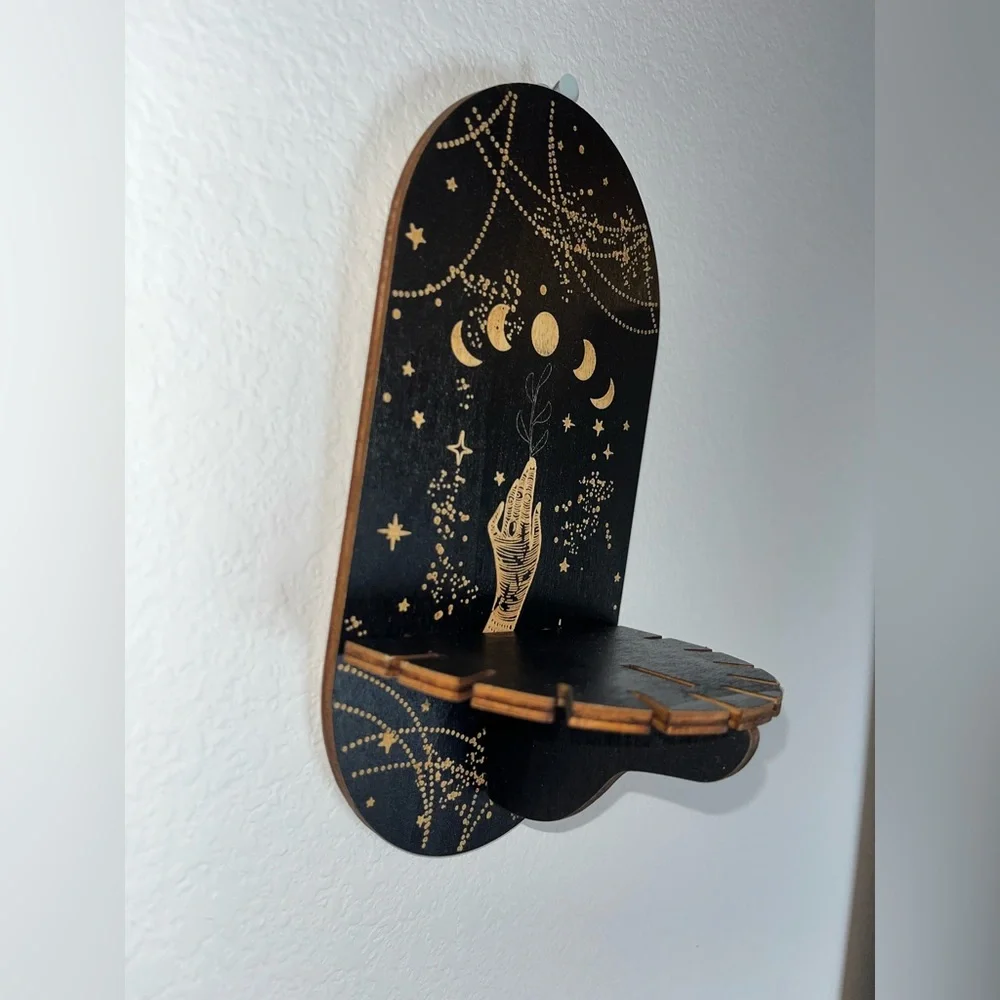 Set of 2 Mystical Boho Wooden Wall Shelves with Celestial & Moth Art Engraving
